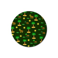 Turtle And Palm On Green Pattern Rubber Coaster (round)  by Daria3107