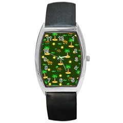 Turtle And Palm On Green Pattern Barrel Style Metal Watch by Daria3107