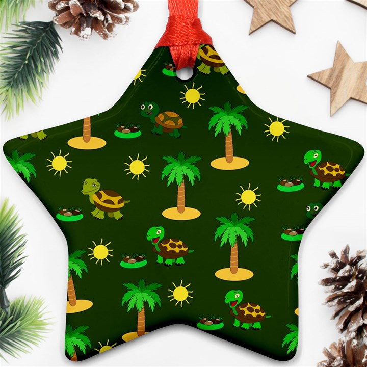 Turtle And Palm On Green Pattern Star Ornament (Two Sides)