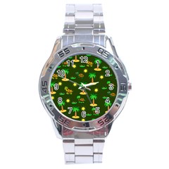 Turtle And Palm On Green Pattern Stainless Steel Analogue Watch by Daria3107