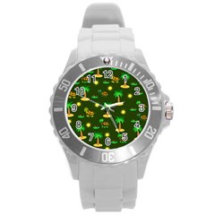 Turtle And Palm On Green Pattern Round Plastic Sport Watch (l) by Daria3107