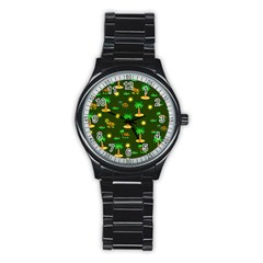 Turtle And Palm On Green Pattern Stainless Steel Round Watch by Daria3107