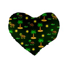 Turtle And Palm On Green Pattern Standard 16  Premium Flano Heart Shape Cushions by Daria3107