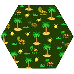 Turtle And Palm On Green Pattern Wooden Puzzle Hexagon by Daria3107