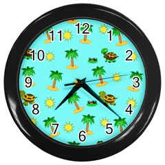 Turtle And Palm On Blue Pattern Wall Clock (black)