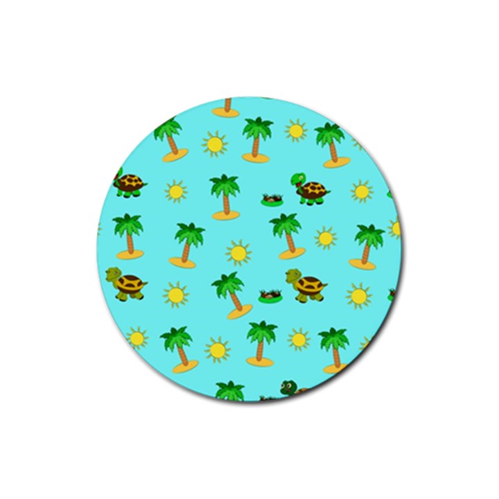 Turtle And Palm On Blue Pattern Rubber Coaster (Round) 