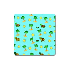 Turtle And Palm On Blue Pattern Square Magnet