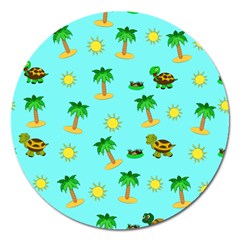 Turtle And Palm On Blue Pattern Magnet 5  (round) by Daria3107