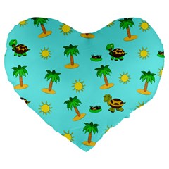 Turtle And Palm On Blue Pattern Large 19  Premium Heart Shape Cushions