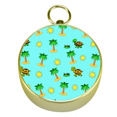 Turtle And Palm On Blue Pattern Gold Compasses