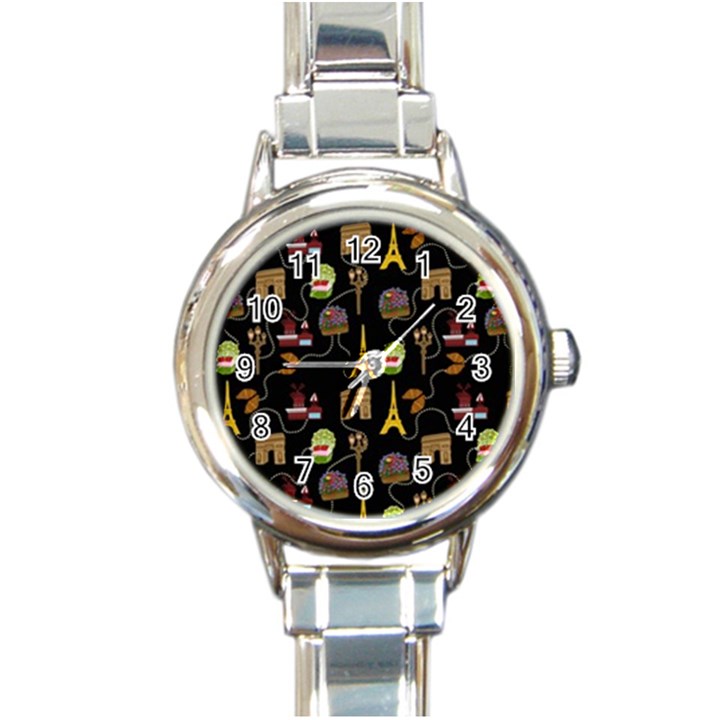 Paris Street Pattern On Black Round Italian Charm Watch