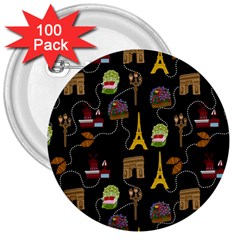 Paris Street Pattern On Black 3  Buttons (100 Pack)  by Daria3107