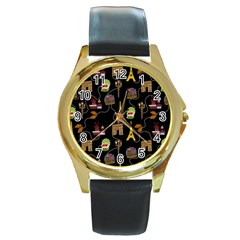 Paris Street Pattern On Black Round Gold Metal Watch