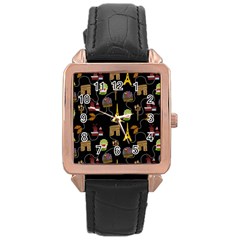 Paris Street Pattern On Black Rose Gold Leather Watch  by Daria3107