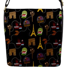 Paris Street Pattern On Black Flap Closure Messenger Bag (s)