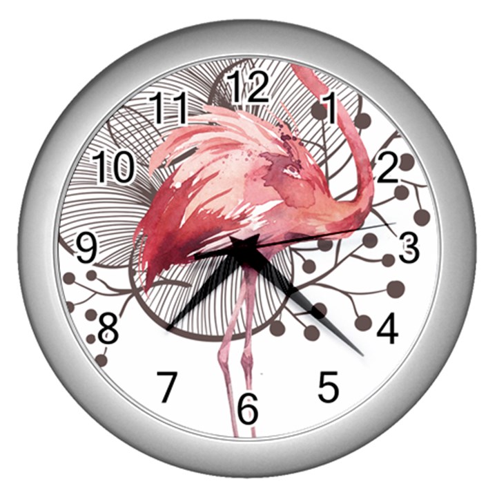 Watercolor Flamingo Wall Clock (Silver)