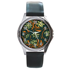 Folk Flowers Pattern Floral Surface Round Metal Watch by Eskimos