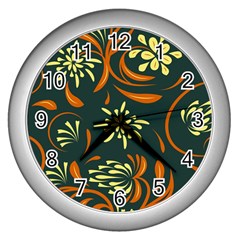 Folk Flowers Pattern Floral Surface Wall Clock (silver) by Eskimos