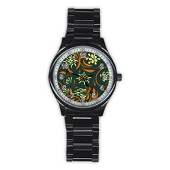 Folk Flowers Pattern Floral Surface Stainless Steel Round Watch by Eskimos