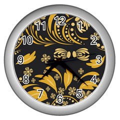 Folk Flowers Pattern Floral Surface Wall Clock (silver) by Eskimos