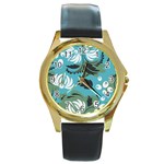 Folk flowers pattern Floral surface Round Gold Metal Watch Front