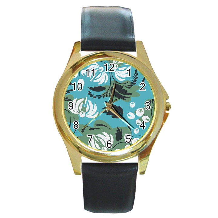 Folk flowers pattern Floral surface Round Gold Metal Watch