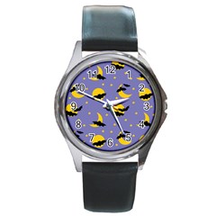 Bats With Yellow Moon Round Metal Watch by SychEva