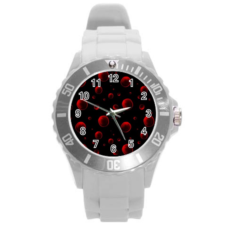 Red Drops On Black Round Plastic Sport Watch (L)