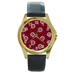 White Skulls On Red Shiny Background Round Gold Metal Watch by SychEva