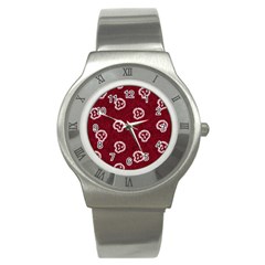 White Skulls On Red Shiny Background Stainless Steel Watch by SychEva