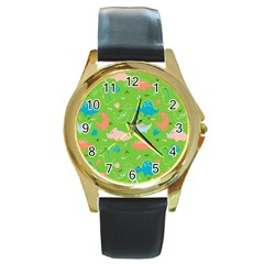 Funny Dinosaur Round Gold Metal Watch by SychEva