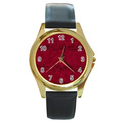 Black Splashes On Red Background Round Gold Metal Watch by SychEva