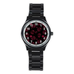 Red Sponge Prints On Black Background Stainless Steel Round Watch by SychEva