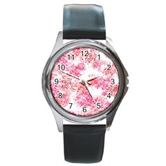 Red Splashes On A White Background Round Metal Watch