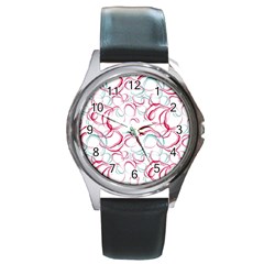 Red And Turquoise Stains On A White Background Round Metal Watch by SychEva