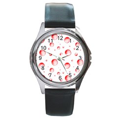 Red Drops On White Background Round Metal Watch by SychEva