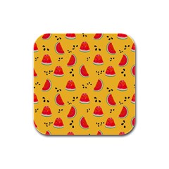 Slices Of Juicy Red Watermelon On A Yellow Background Rubber Square Coaster (4 Pack)  by SychEva