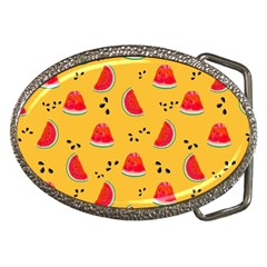 Slices Of Juicy Red Watermelon On A Yellow Background Belt Buckles by SychEva