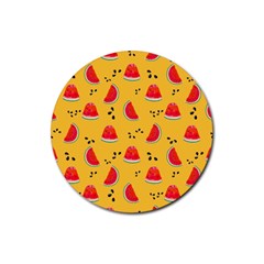 Slices Of Juicy Red Watermelon On A Yellow Background Rubber Coaster (round)  by SychEva