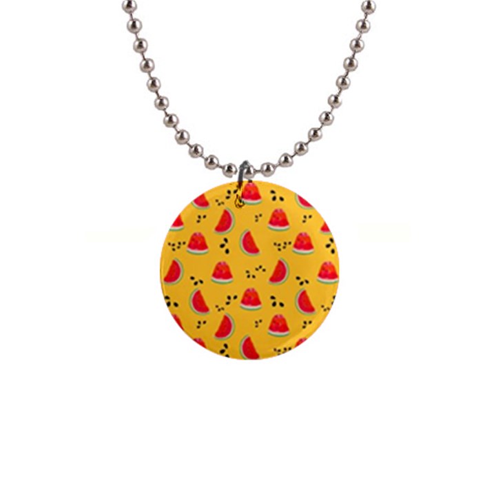 Slices Of Juicy Red Watermelon On A Yellow Background 1  Button Necklace