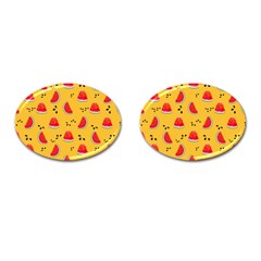 Slices Of Juicy Red Watermelon On A Yellow Background Cufflinks (oval) by SychEva