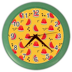 Slices Of Juicy Red Watermelon On A Yellow Background Color Wall Clock