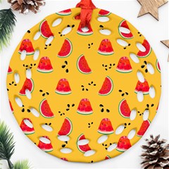 Slices Of Juicy Red Watermelon On A Yellow Background Ornament (Round Filigree)