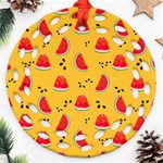 Slices Of Juicy Red Watermelon On A Yellow Background Round Filigree Ornament (Two Sides) Front