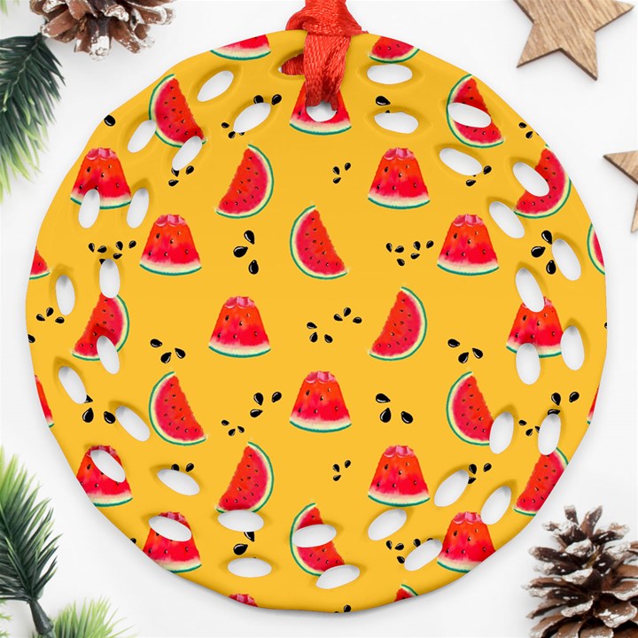 Slices Of Juicy Red Watermelon On A Yellow Background Round Filigree Ornament (Two Sides)