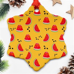 Slices Of Juicy Red Watermelon On A Yellow Background Snowflake Ornament (Two Sides)