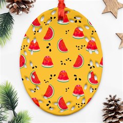 Slices Of Juicy Red Watermelon On A Yellow Background Ornament (oval Filigree) by SychEva