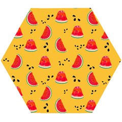 Slices Of Juicy Red Watermelon On A Yellow Background Wooden Puzzle Hexagon