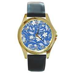 Folk Flowers Pattern Round Gold Metal Watch by Eskimos