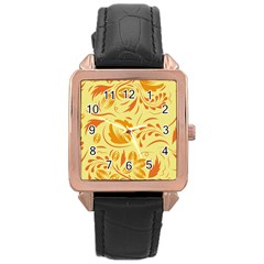 Folk Flowers Pattern Rose Gold Leather Watch 